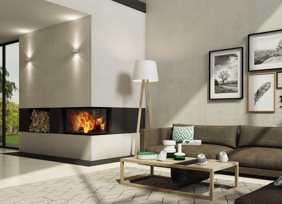 HEAT R/L 3g L 65.51.40.01(21) - teplovzdušná rohová krbová vložka s výsuvnými dvierkami a s ohýbaným (deleným) sklom