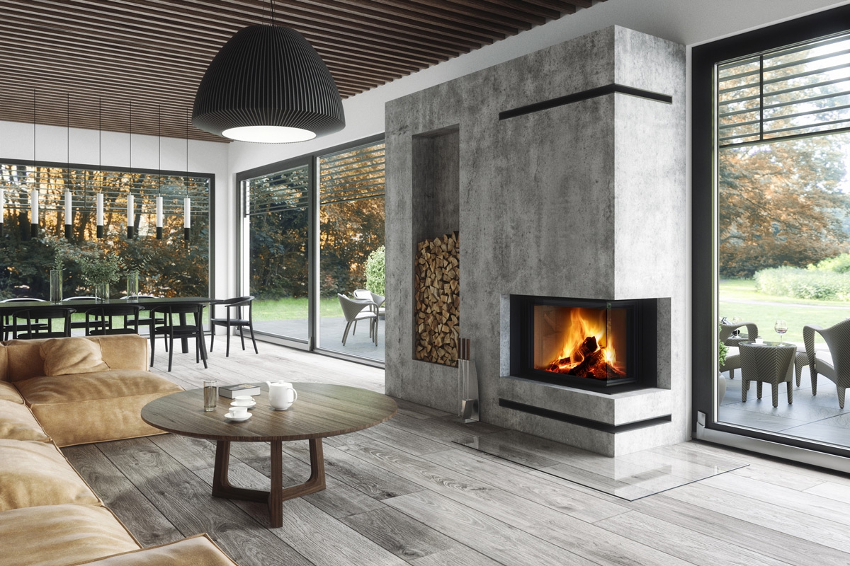 IMPRESSION R/L 2g L 83.60.34.21 - rohová krbová vložka s výsuvnými dvierkami a s deleným sklom