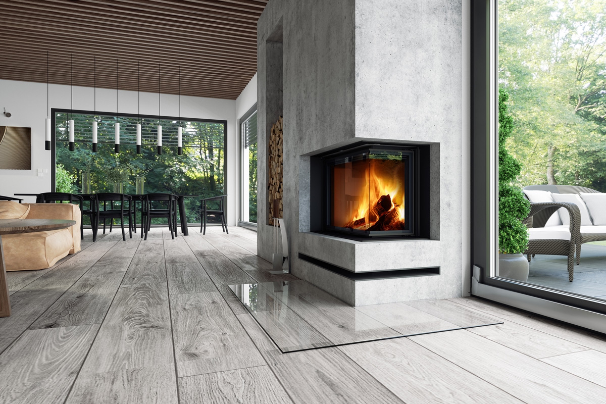 IMPRESSION R/L 2g L 83.60.34.21 - rohová krbová vložka s výsuvnými dvierkami a s deleným sklom