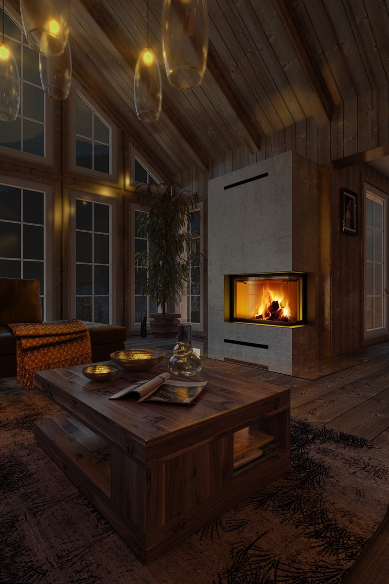 IMPRESSION R/L 2g S 71.60.34.21 - rohová krbová vložka s deleným sklom